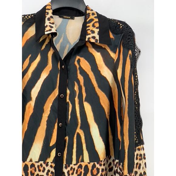 GENESE Women's Black-Brown Animal Print Long Sleeve Button-Up Top SZ 2 - Picture 3 of 13